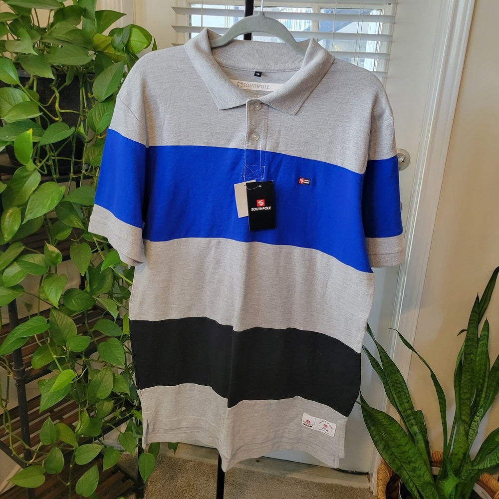 Southpole Men's Heather Grey Blue Black Striped Short Sleeve Polo Shirt XL NWT